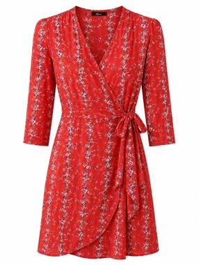 Lisakai Red Floral Long Sleeve Wrap Mini Dress Size S /M